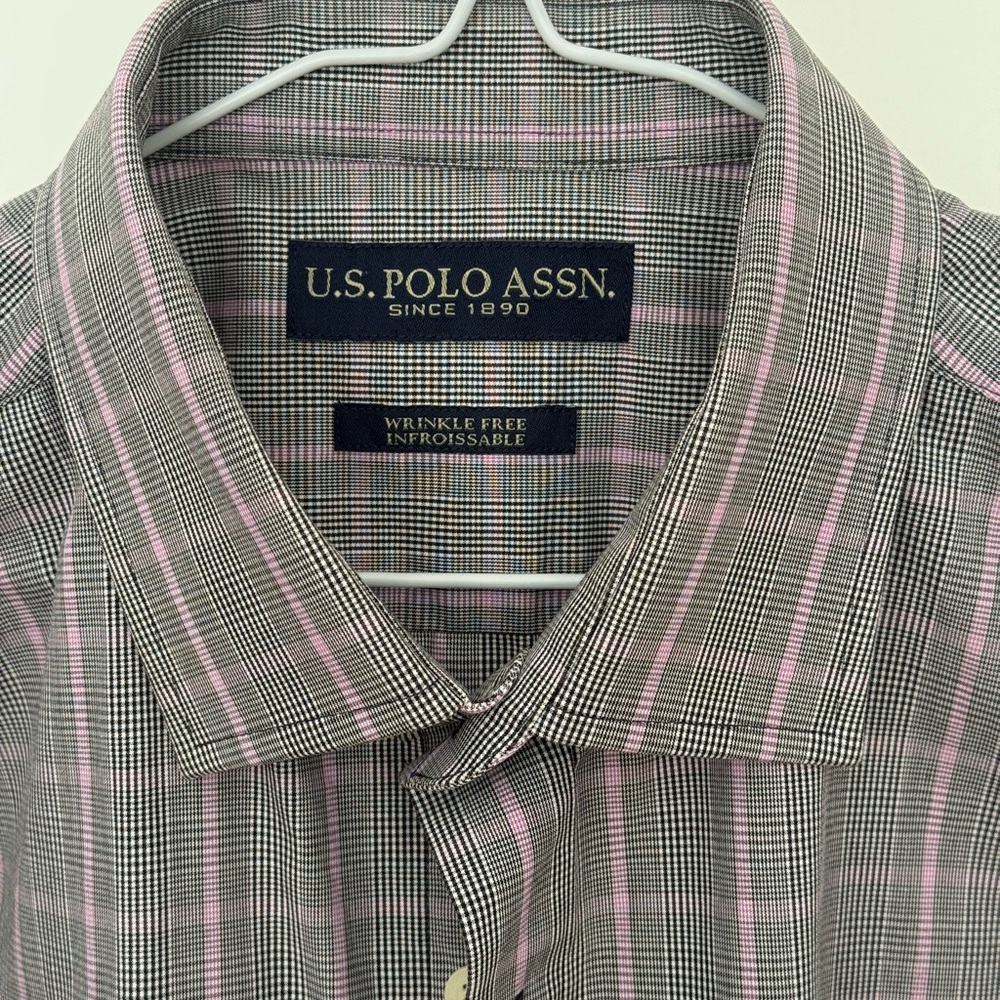 U.S. Polo Assn. Gray Dress Shirt with Pink Plaid Stripes